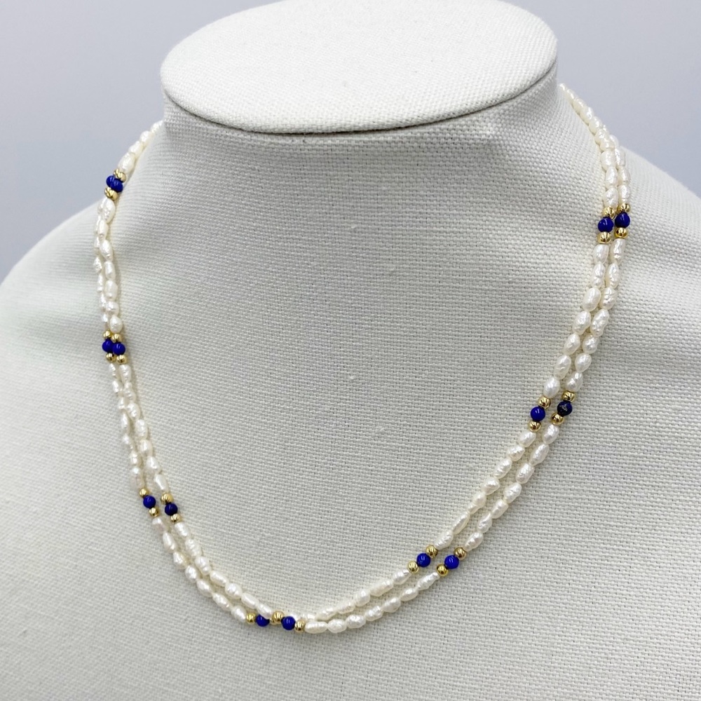 Vintage Fresh Water Rice Pearl Double
Strand Necklace Lapis Lazuli
